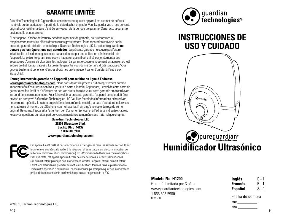 Humidificador ultrasónico, Instrucciones de uso y cuidado, Garantie limitée | Guardian Technologies H1200 & H1200BL User Manual | Page 11 / 16