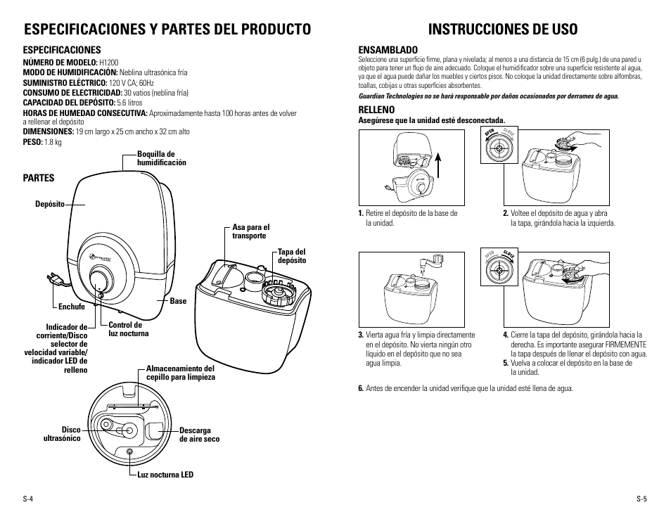 Especificaciones y partes del producto, Instrucciones de uso | Guardian Technologies H1200 & H1200BL User Manual | Page 13 / 16