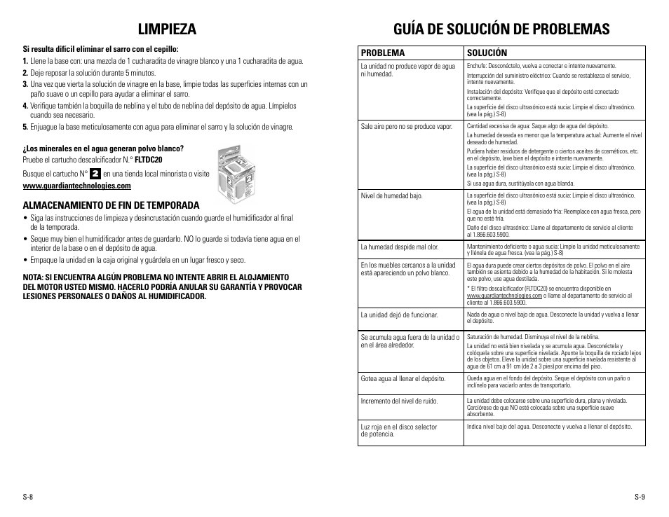 Guía de solución de problemas limpieza, Almacenamiento de fin de temporada | Guardian Technologies H1200 & H1200BL User Manual | Page 15 / 16