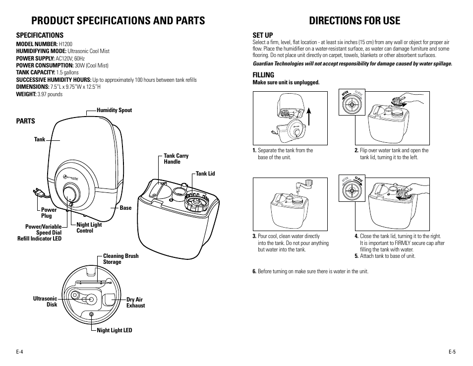 Product specifications and parts, Directions for use | Guardian Technologies H1200 & H1200BL User Manual | Page 3 / 16