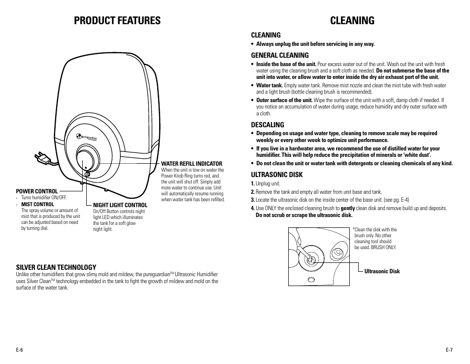 Product features, Cleaning | Guardian Technologies H1200 & H1200BL User Manual | Page 4 / 16