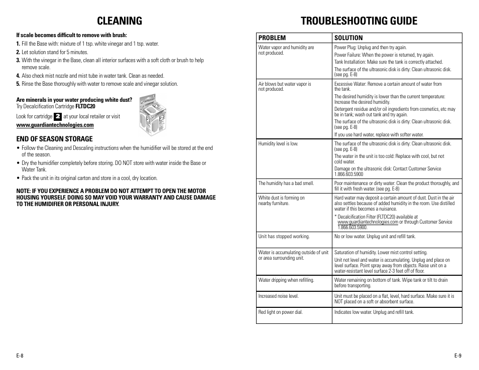 Troubleshooting guide, Cleaning | Guardian Technologies H1200 & H1200BL User Manual | Page 5 / 16