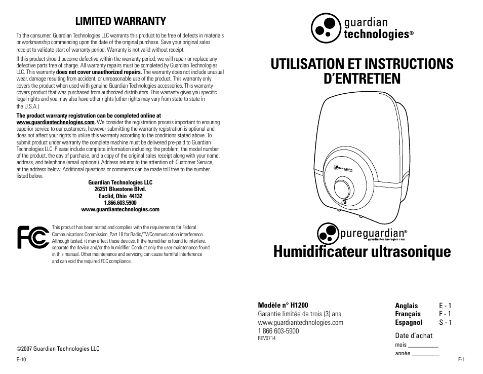 Humidificateur ultrasonique, Utilisation et instructions d’entretien, Limited warranty | Guardian Technologies H1200 & H1200BL User Manual | Page 6 / 16