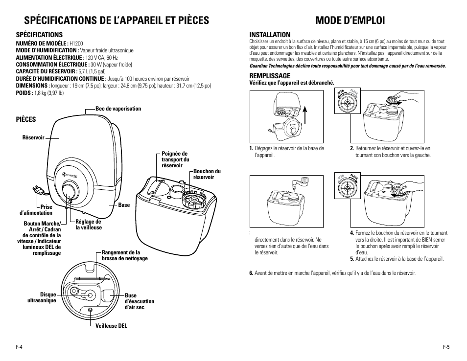Spécifications de l’appareil et pièces, Mode d’emploi | Guardian Technologies H1200 & H1200BL User Manual | Page 8 / 16