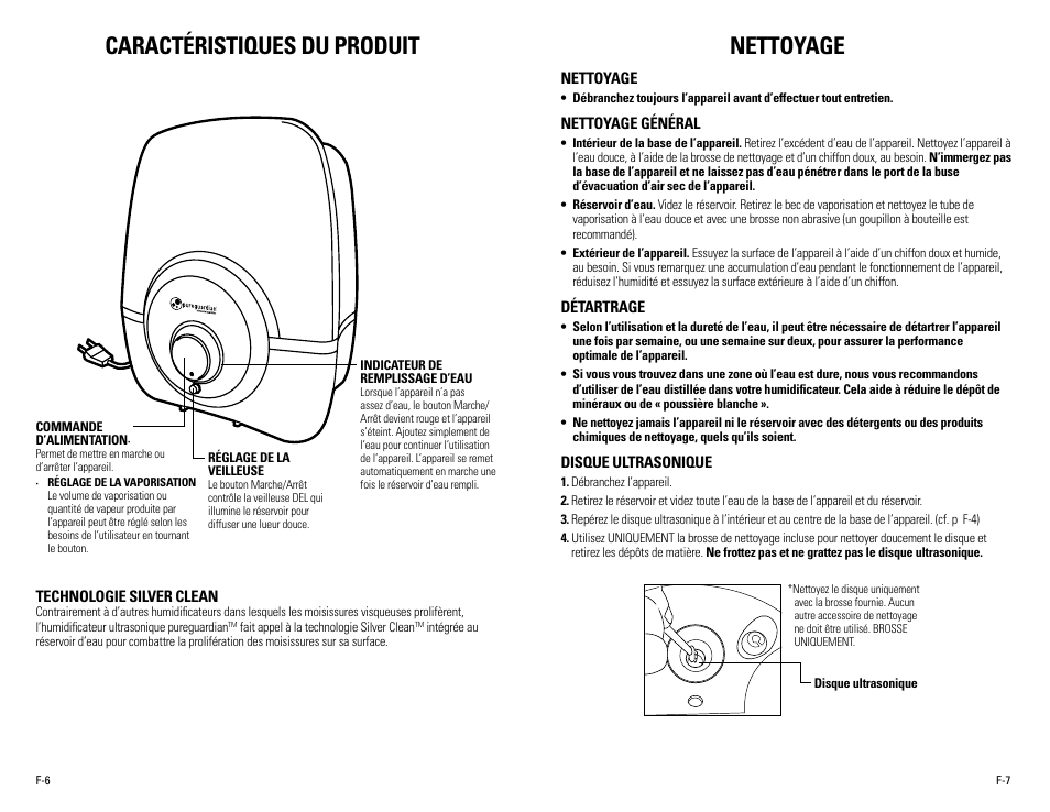 Caractéristiques du produit, Nettoyage | Guardian Technologies H1200 & H1200BL User Manual | Page 9 / 16