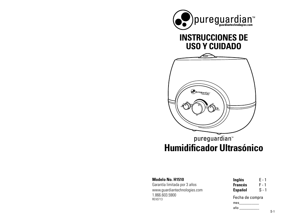 Humidificador ultrasónico, Instrucciones de uso y cuidado | Guardian Technologies H1510 User Manual | Page 13 / 18