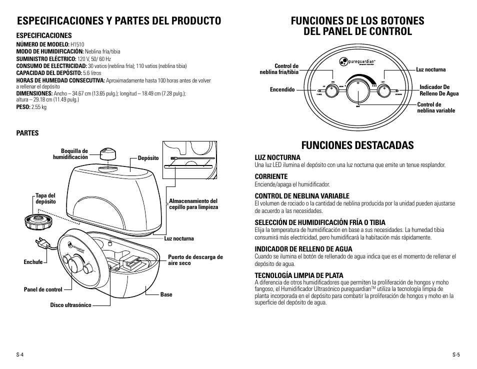 Especificaciones y partes del producto | Guardian Technologies H1510 User Manual | Page 15 / 18