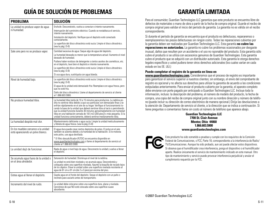 Guía de solución de problemas, Garantía limitada | Guardian Technologies H1510 User Manual | Page 18 / 18