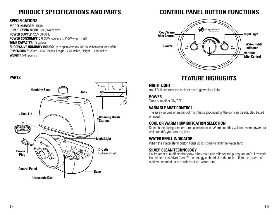 Product specifications and parts, Control panel button functions feature highlights | Guardian Technologies H1510 User Manual | Page 3 / 18