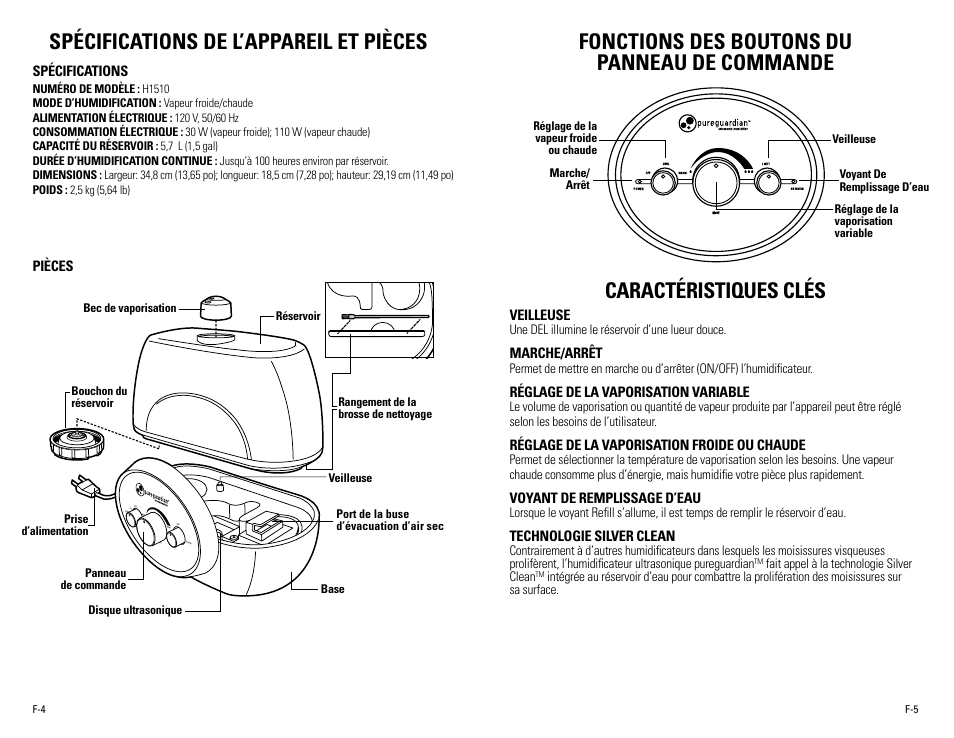 Spécifications de l’appareil et pièces | Guardian Technologies H1510 User Manual | Page 9 / 18