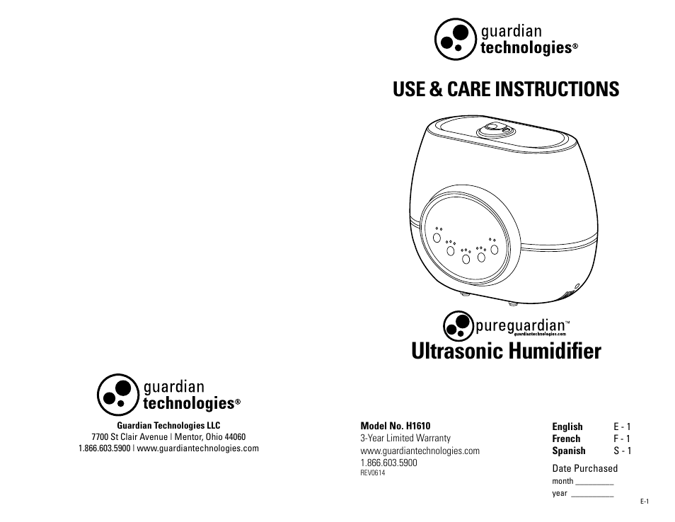 Guardian Technologies H1610 User Manual | 18 pages