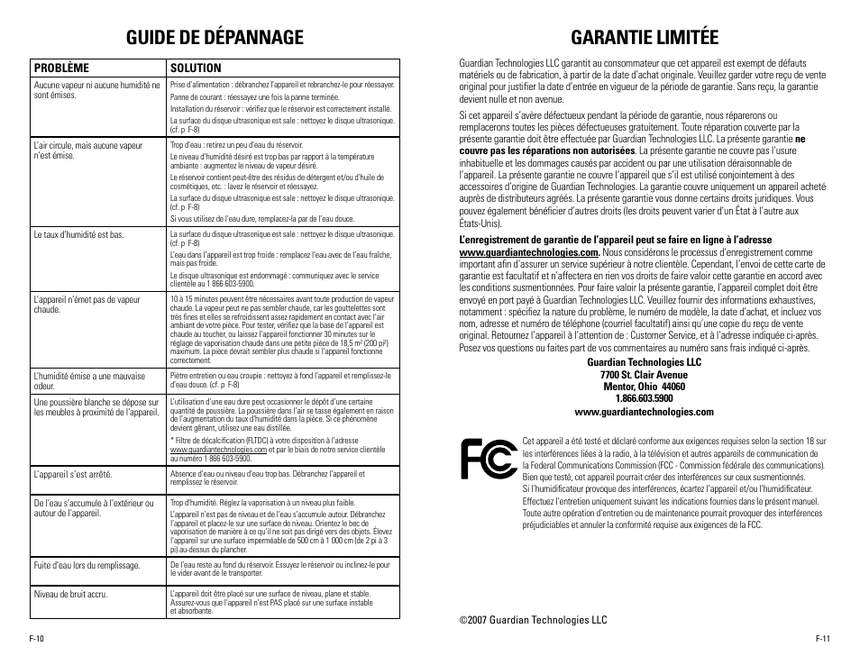 Guide de dépannage, Garantie limitée | Guardian Technologies H1610 User Manual | Page 12 / 18