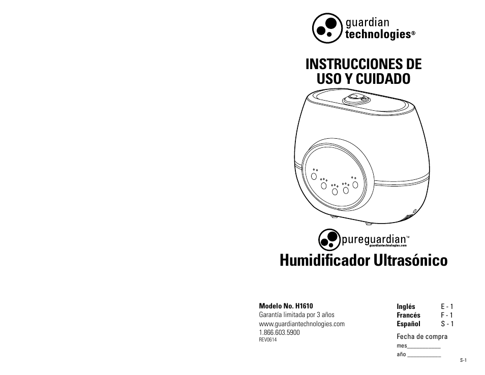 Humidificador ultrasónico, Instrucciones de uso y cuidado | Guardian Technologies H1610 User Manual | Page 13 / 18