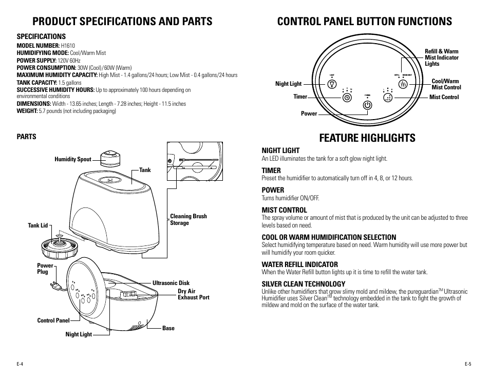 Product specifications and parts, Control panel button functions feature highlights | Guardian Technologies H1610 User Manual | Page 3 / 18