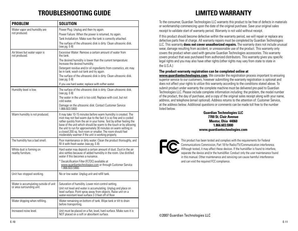 Limited warranty, Troubleshooting guide | Guardian Technologies H1610 User Manual | Page 6 / 18