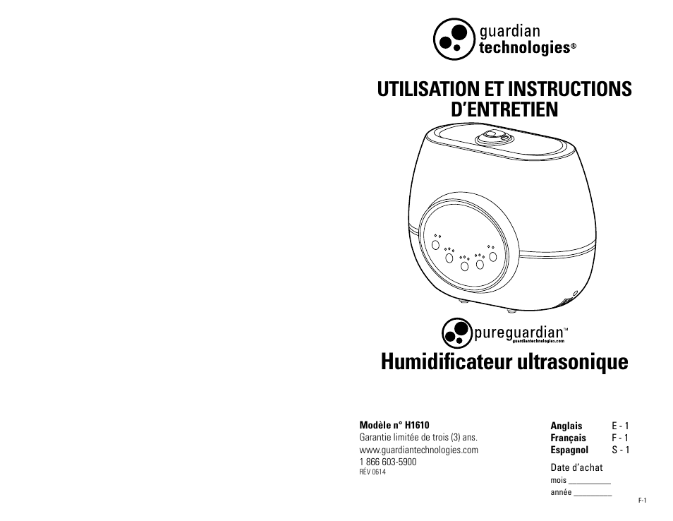 Humidificateur ultrasonique, Utilisation et instructions d’entretien | Guardian Technologies H1610 User Manual | Page 7 / 18