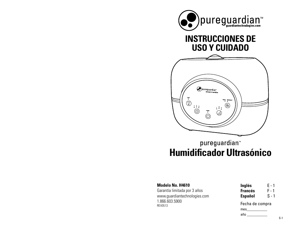 Humidificador ultrasónico, Instrucciones de uso y cuidado | Guardian Technologies H4610 User Manual | Page 13 / 18