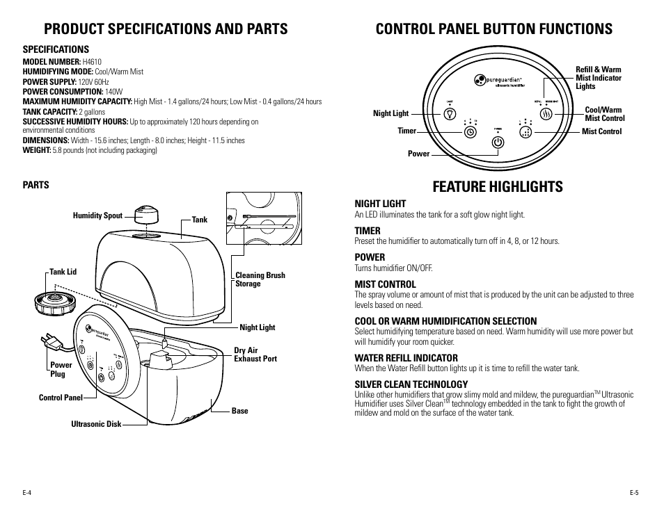 Product specifications and parts, Control panel button functions feature highlights | Guardian Technologies H4610 User Manual | Page 3 / 18