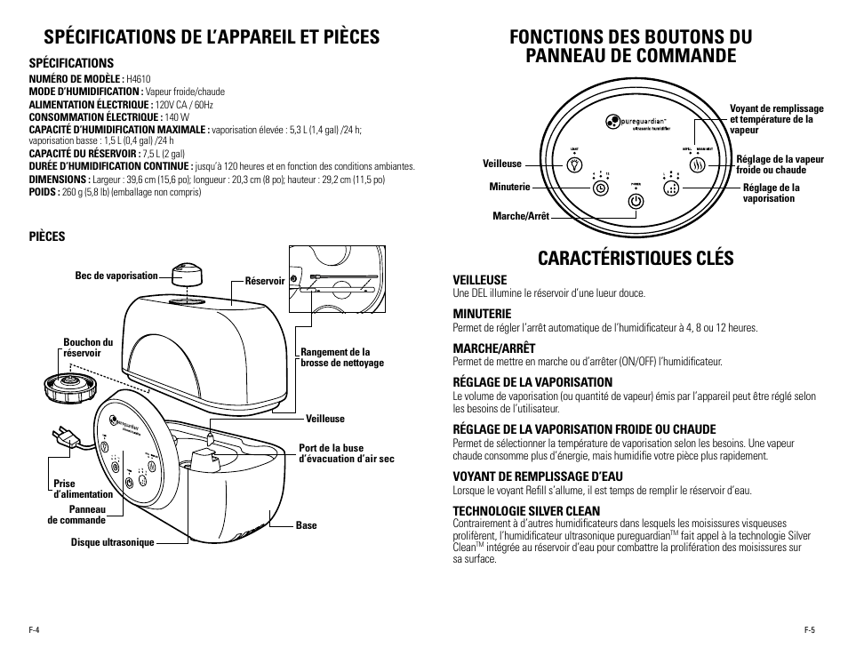 Spécifications de l’appareil et pièces | Guardian Technologies H4610 User Manual | Page 9 / 18
