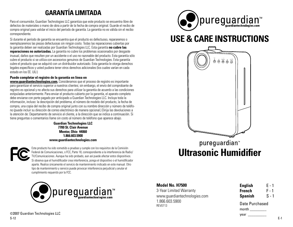 Guardian Technologies H7500 User Manual | 18 pages