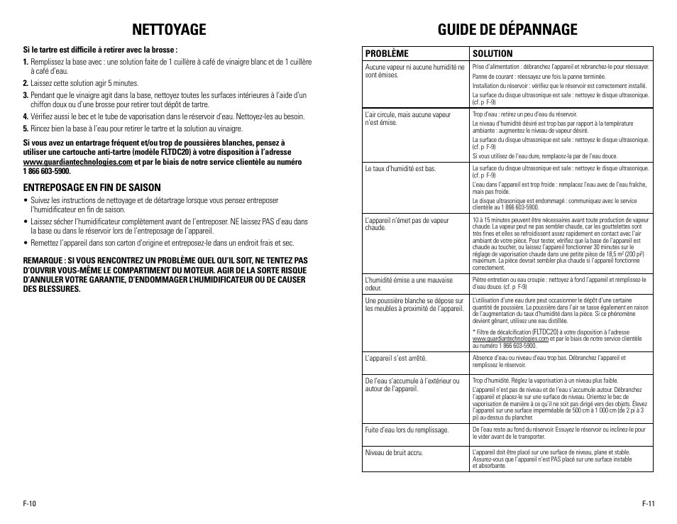 Nettoyage, Guide de dépannage, Entreposage en fin de saison | Guardian Technologies H7500 User Manual | Page 12 / 18