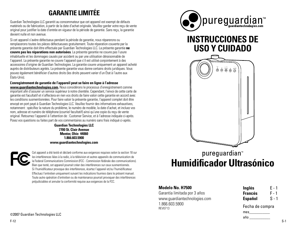 Humidificador ultrasónico, Instrucciones de uso y cuidado, Garantie limitée | Guardian Technologies H7500 User Manual | Page 13 / 18