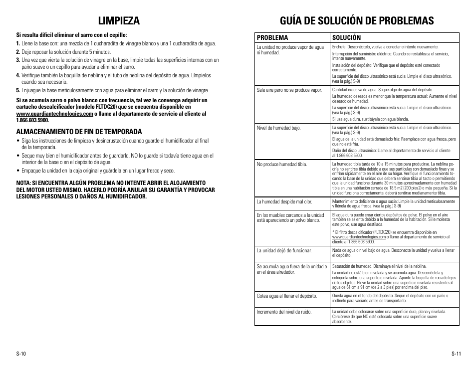 Limpieza, Guía de solución de problemas, Almacenamiento de fin de temporada | Guardian Technologies H7500 User Manual | Page 18 / 18