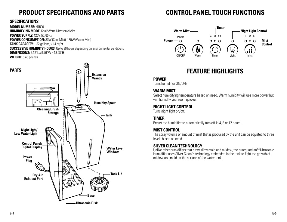 Product specifications and parts, Control panel touch functions feature highlights | Guardian Technologies H7500 User Manual | Page 3 / 18