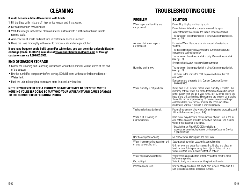 Cleaning, Troubleshooting guide | Guardian Technologies H7500 User Manual | Page 6 / 18