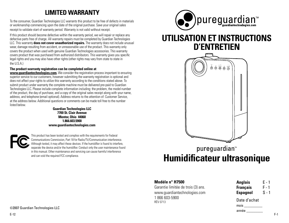 Humidificateur ultrasonique, Utilisation et instructions d’entretien, Limited warranty | Guardian Technologies H7500 User Manual | Page 7 / 18