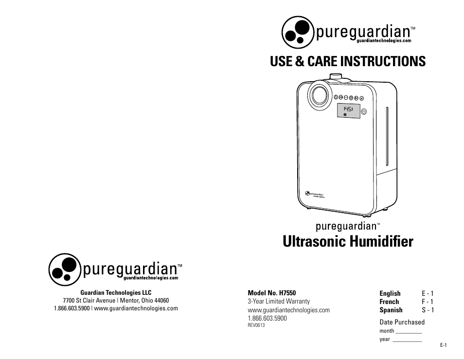 Guardian Technologies H7550 User Manual | 22 pages