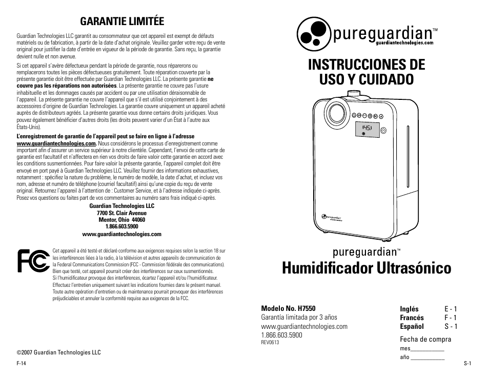 Humidificador ultrasónico, Instrucciones de uso y cuidado, Garantie limitée | Guardian Technologies H7550 User Manual | Page 15 / 22