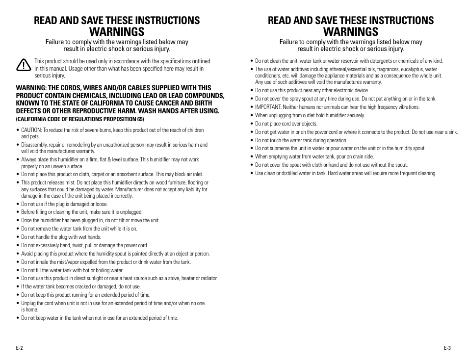 Warnings, Read and save these instructions | Guardian Technologies H7550 User Manual | Page 2 / 22