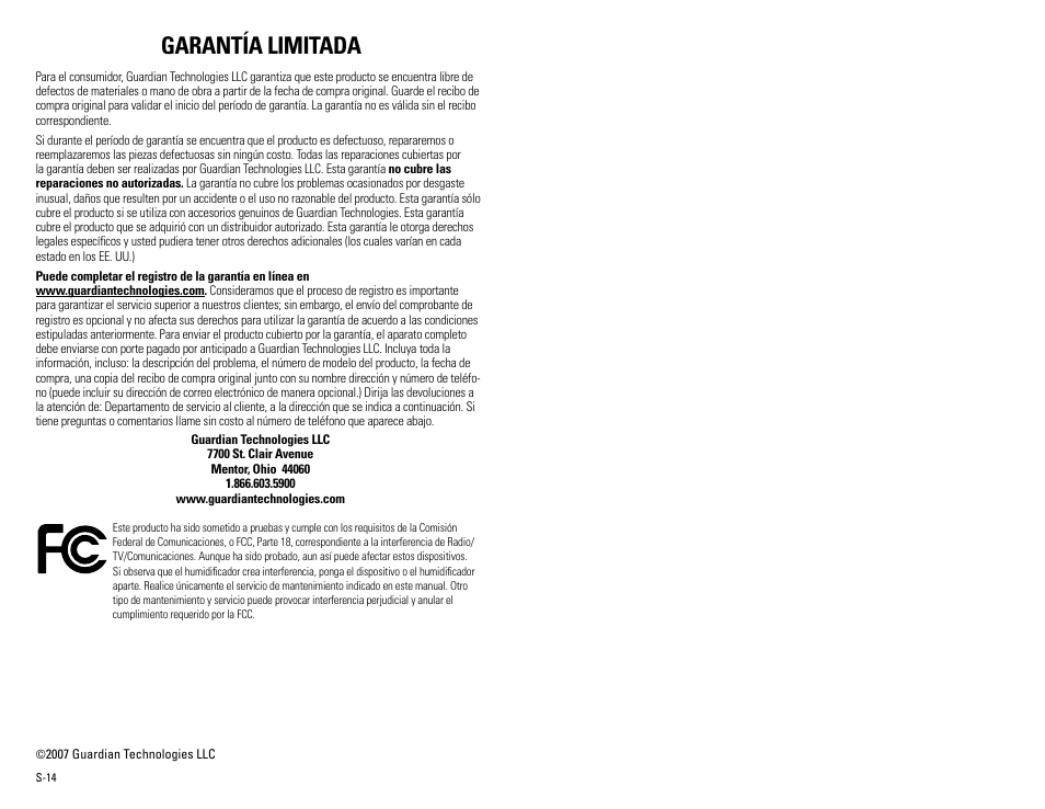 Garantía limitada | Guardian Technologies H7550 User Manual | Page 22 / 22