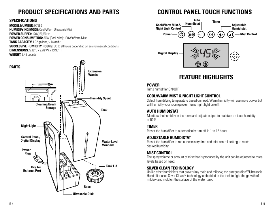 Product specifications and parts, Control panel touch functions feature highlights | Guardian Technologies H7550 User Manual | Page 3 / 22