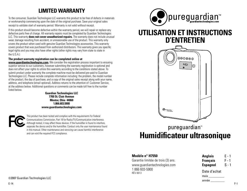 Humidificateur ultrasonique, Utilisation et instructions d’entretien, Limited warranty | Guardian Technologies H7550 User Manual | Page 8 / 22