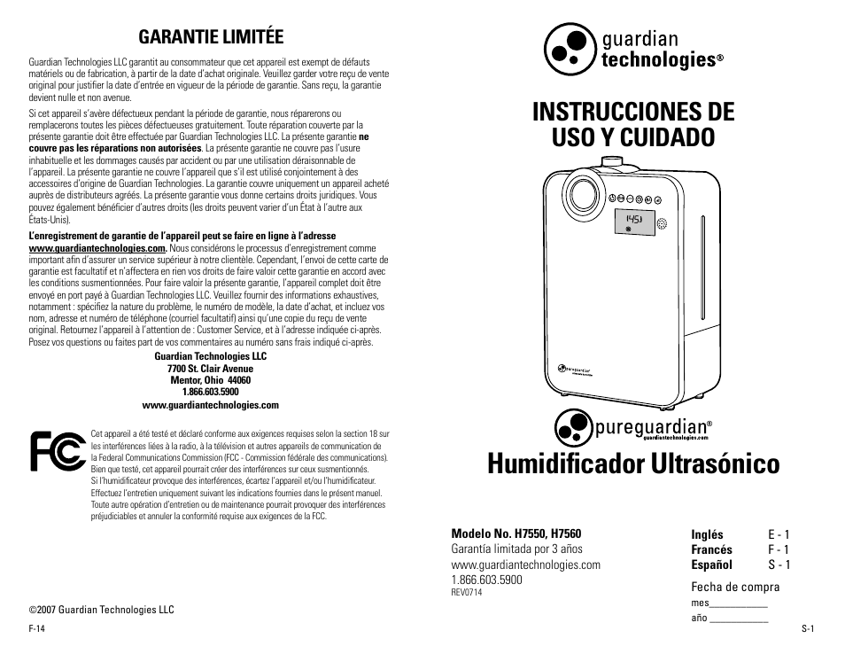 Humidificador ultrasónico, Instrucciones de uso y cuidado, Garantie limitée | Guardian Technologies H7560B User Manual | Page 15 / 22