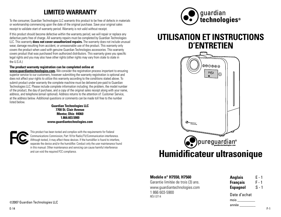 Humidificateur ultrasonique, Utilisation et instructions d’entretien, Limited warranty | Guardian Technologies H7560B User Manual | Page 8 / 22