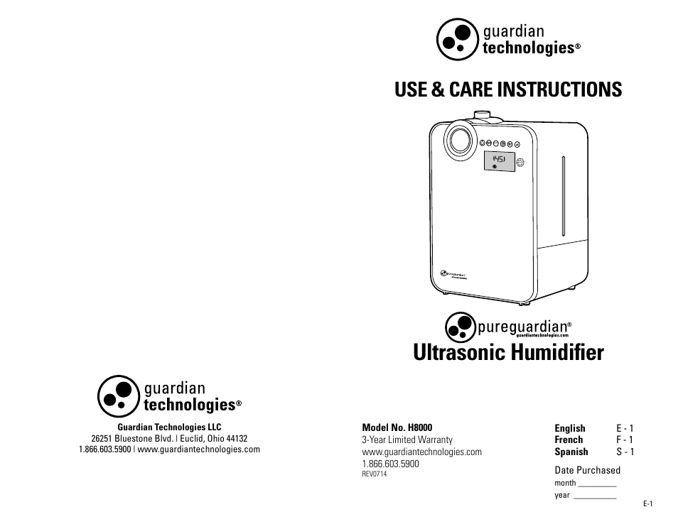 Guardian Technologies H8000B User Manual | 22 pages