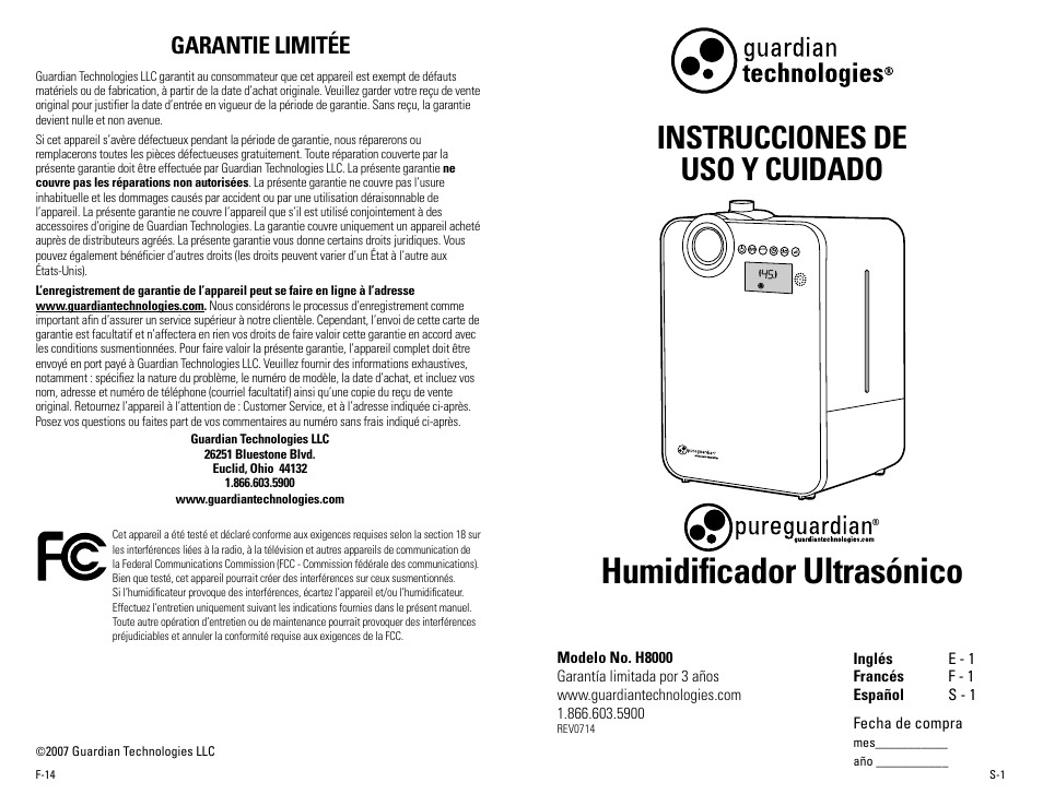 Humidificador ultrasónico, Instrucciones de uso y cuidado, Garantie limitée | Guardian Technologies H8000B User Manual | Page 15 / 22