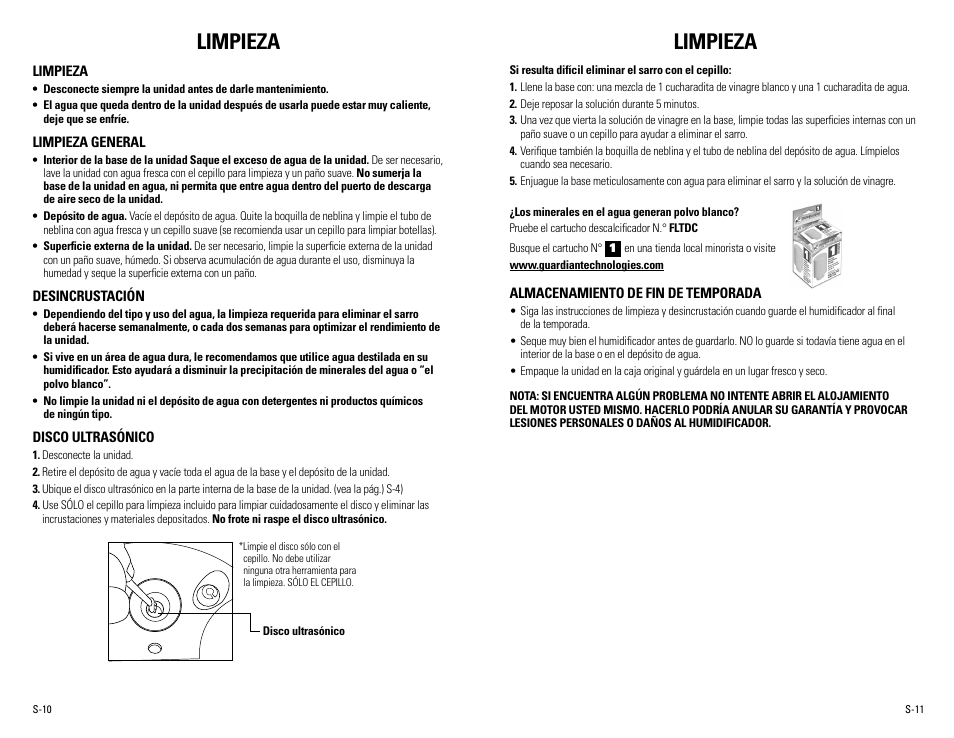Limpieza | Guardian Technologies H8000B User Manual | Page 20 / 22