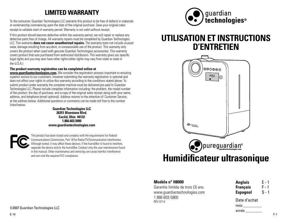 Humidificateur ultrasonique, Utilisation et instructions d’entretien, Limited warranty | Guardian Technologies H8000B User Manual | Page 8 / 22