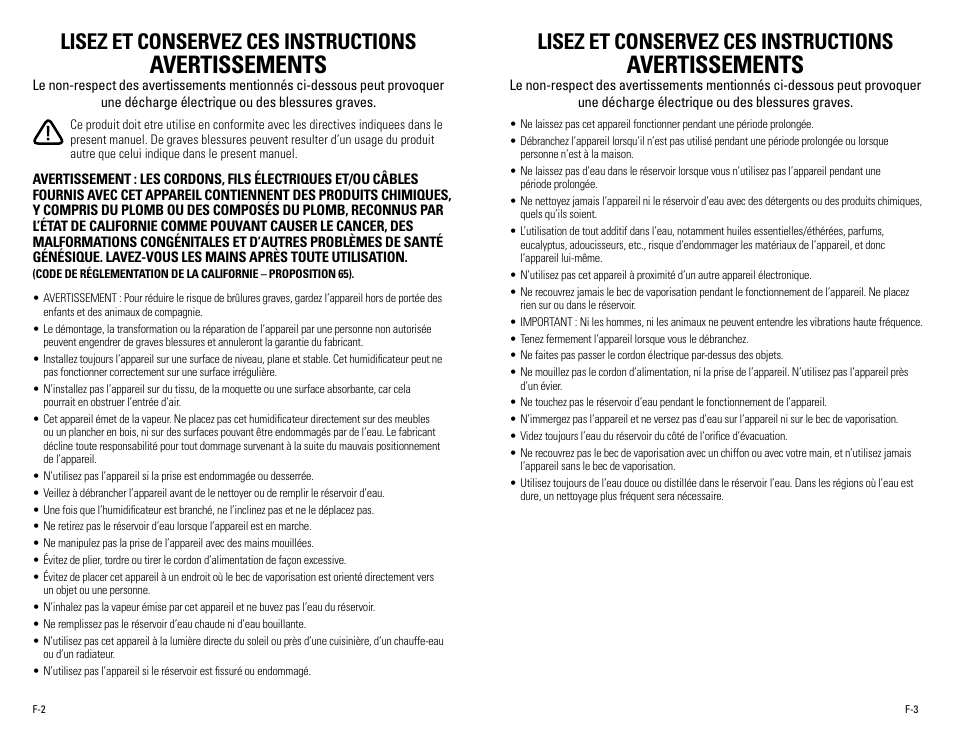 Avertissements, Lisez et conservez ces instructions | Guardian Technologies H8000B User Manual | Page 9 / 22