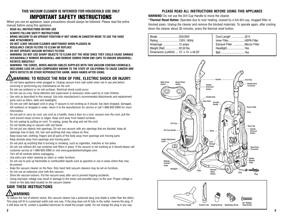 Important safety instructions, Save these instructions warning | Guardian Technologies GGU300 User Manual | Page 2 / 6