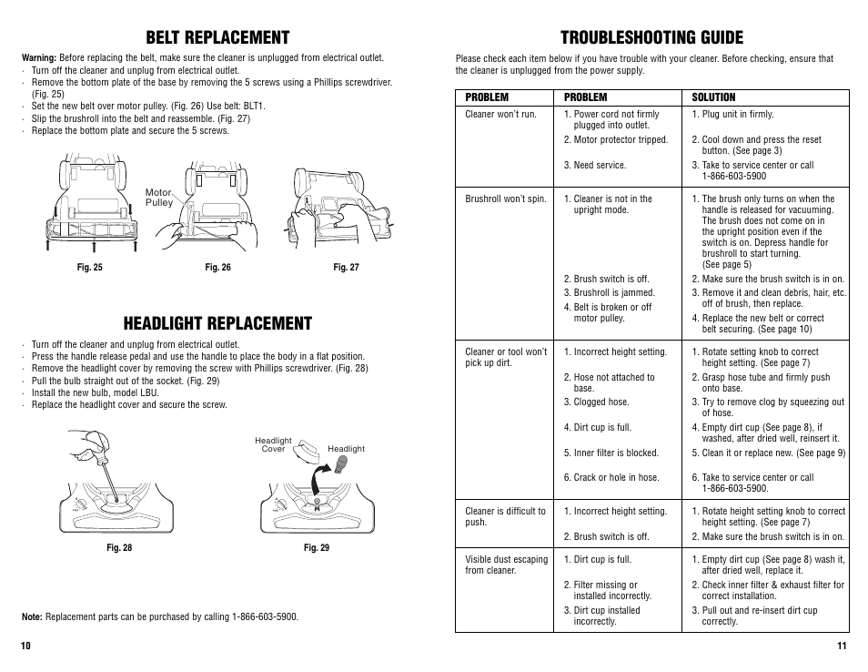 Belt replacement, Headlight replacement, Troubleshooting guide | Guardian Technologies GGU300 User Manual | Page 6 / 6