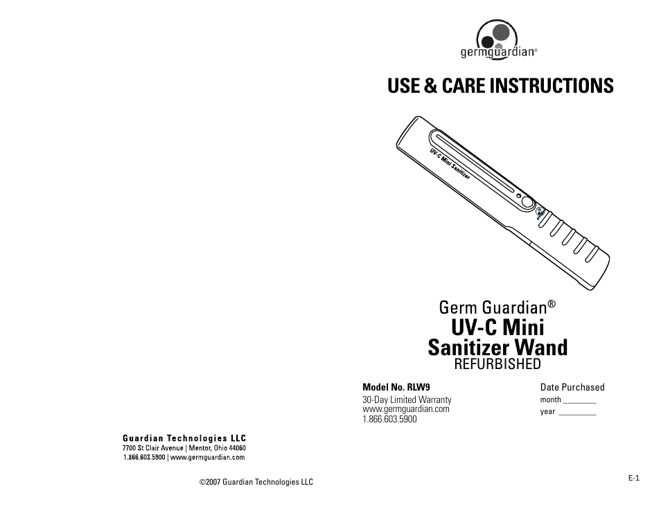 Guardian Technologies LW9 User Manual | 4 pages