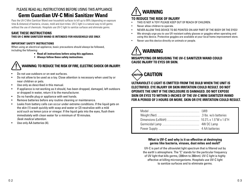 Warning, Warning caution | Guardian Technologies LW9 User Manual | Page 2 / 4