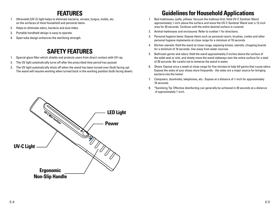 Features, Safety features, Guidelines for household applications | Guardian Technologies LW9 User Manual | Page 3 / 4