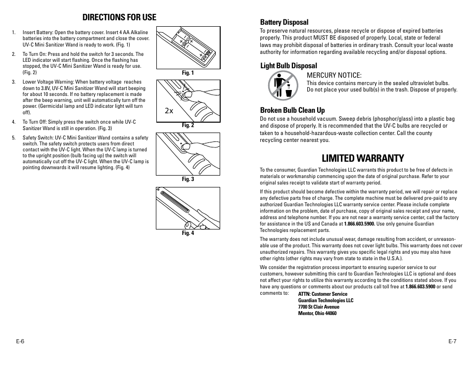 Limited warranty, Directions for use, Battery disposal | Light bulb disposal, Broken bulb clean up | Guardian Technologies LW9 User Manual | Page 4 / 4