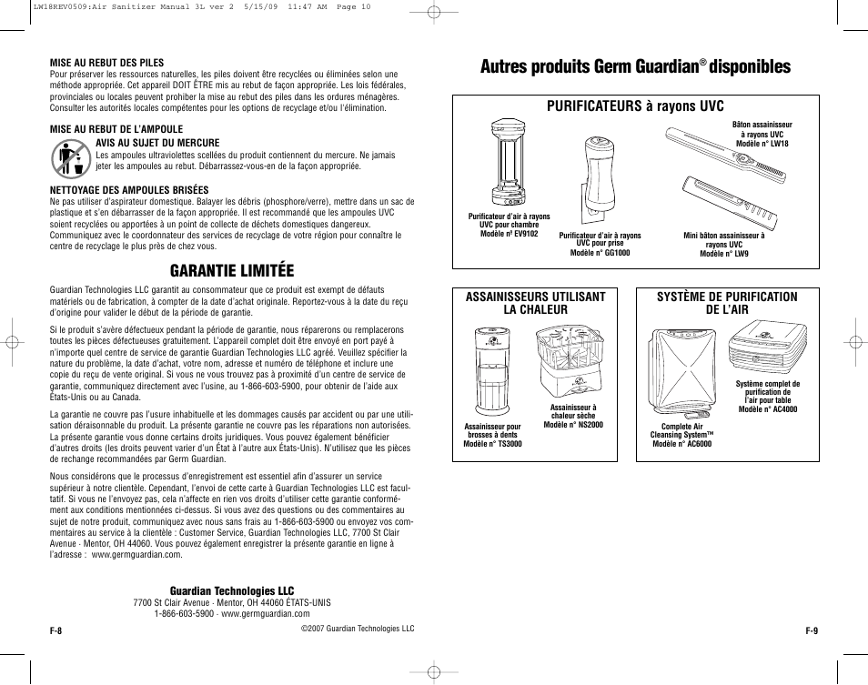 Autres produits germ guardian, Disponibles, Garantie limitée | Purificateurs à rayons uvc | Guardian Technologies LW18 User Manual | Page 10 / 16